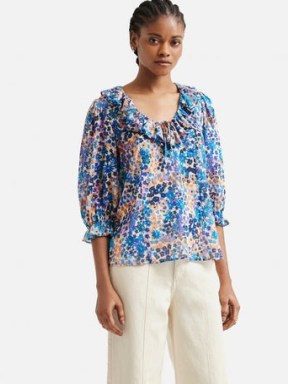 JIGSAW Rave Floral Cotton Crinkle Top in Blue – printed ruffle trim tops – ruffled blouses - flipped