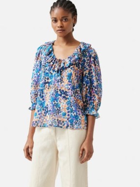 JIGSAW Rave Floral Cotton Crinkle Top in Blue – printed ruffle trim tops – ruffled blouses