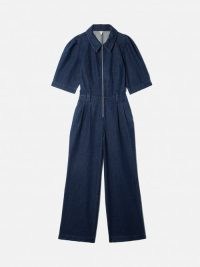 JIGSAW Denim Zip Front Jumpsuit in Indigo – women’s dark blue short sleeve collared jumpsuits – pleated shoulder detail