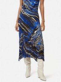 JIGSAW Terrain Silk Viscose Skirt in Blue – women’s printed midi skirts – asymmetric hemline