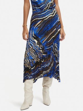 JIGSAW Terrain Silk Viscose Skirt in Blue – women’s printed midi skirts – asymmetric hemline - flipped
