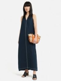 JIGSAW Linen Stitch Detail Maxi Dress in Navy – women’s dark blue sleeveless summer dresses