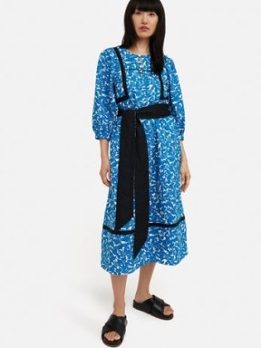 JIGSAW Shadow Leaf Linen Dress in Blue – women’s printed tie waist folk style dresses - flipped