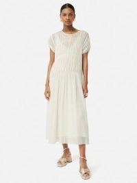 JIGSAW Gauze Viscose Ruched Dress – short sleeve semi sheer dresses – gathered detail clothes – women’s chic summer fashion – cream minimalist clothing