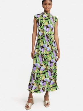 JIGSAW Graphic Pansy Cowl Neck Dress in Green – floral cap sleeve dresses - flipped