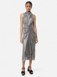JIGSAW Sequin High Neck Dress in Gunmetal / sleeveless sequinned midi dresses / glittering ruched detail occasion clothes / silver tone party clothing with sequins
