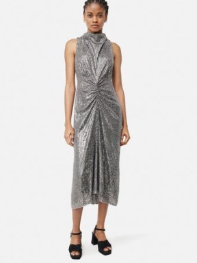 JIGSAW Sequin High Neck Dress in Gunmetal / sleeveless sequinned midi dresses / glittering ruched detail occasion clothes / silver tone party clothing with sequins