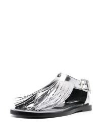 Jil Sander fringed metallic-finish flat sandals in silver tone | fringe detail flats | luxury summer shoes