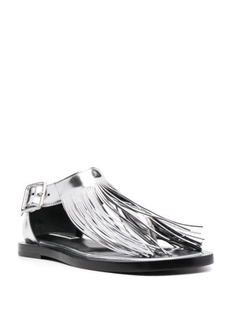Jil Sander fringed metallic-finish flat sandals in silver tone | fringe detail flats | luxury summer shoes - flipped