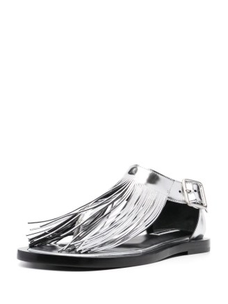 Jil Sander fringed metallic-finish flat sandals in silver tone | fringe detail flats | luxury summer shoes