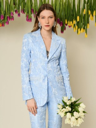 sister jane Fleur Jacquard Embellished Blazer in Cornflower Blue / women’s floral blazers / occasion jackets with crystal embellishments - flipped