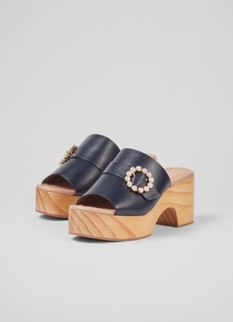 L.K. BENNETT Jojo Navy Leather Wooden Flatforms – dark blue luxury platform mule sandals – 70s style clog mules – chunky retro inspired platforms - flipped