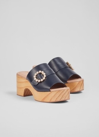 L.K. BENNETT Jojo Navy Leather Wooden Flatforms – dark blue luxury platform mule sandals – 70s style clog mules – chunky retro inspired platforms