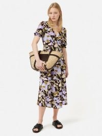 JIGSAW Graphic Pansy Crepe Tea Dress in Deep Plum – short sleeve floral print midi dresses