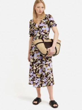 JIGSAW Graphic Pansy Crepe Tea Dress in Deep Plum – short sleeve floral print midi dresses - flipped