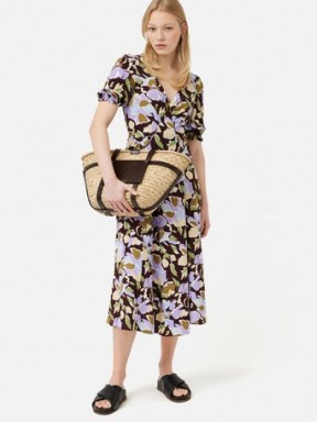 JIGSAW Graphic Pansy Crepe Tea Dress in Deep Plum – short sleeve floral print midi dresses