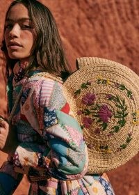 Sezane JUNE BASKET Multicoloured and peony floral embroidery raffia / circular summer shoulder bags