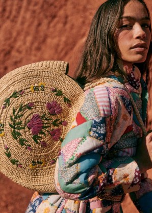 Sezane JUNE BASKET Multicoloured and peony floral embroidery raffia / circular summer shoulder bags - flipped