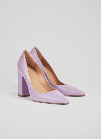 L.K. BENNETT June Lilac Patent Leather Blunt Toe Courts – glossy lavender block heel court shoes – summer occasion heels - flipped