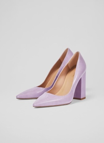 L.K. BENNETT June Lilac Patent Leather Blunt Toe Courts – glossy lavender block heel court shoes – summer occasion heels