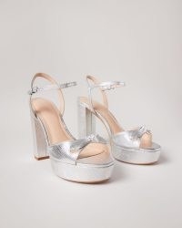 TED BAKER Kayllah Bow Detail Platform Sandals in Silver / metallic block heel platforms