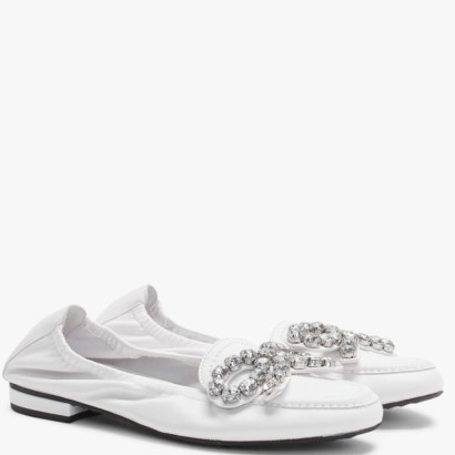 KENNEL & SCHMENGER Malu Diamante Bow White Leather Pumps | luxe flats with embellished bows | women’s flat shoes - flipped