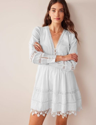 BODEN Lace Trim Mini Dress in White ~ long sleeve cotton fit and flare dresses - flipped