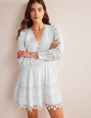 BODEN Lace Trim Mini Dress in White ~ long sleeve cotton fit and flare dresses