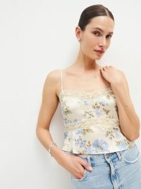 Reformation Lane Silk Top in Romantic ~ spaghetti strap camisole tops ~ silky floral and lace panel camisoles ~ strappy summer clothes ~ luxury fashion ~ luxe clothing