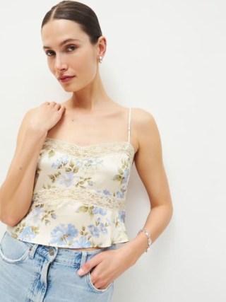 Reformation Lane Silk Top in Romantic ~ spaghetti strap camisole tops ~ silky floral and lace panel camisoles ~ strappy summer clothes ~ luxury fashion ~ luxe clothing - flipped