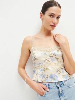 Reformation Lane Silk Top in Romantic ~ spaghetti strap camisole tops ~ silky floral and lace panel camisoles ~ strappy summer clothes ~ luxury fashion ~ luxe clothing