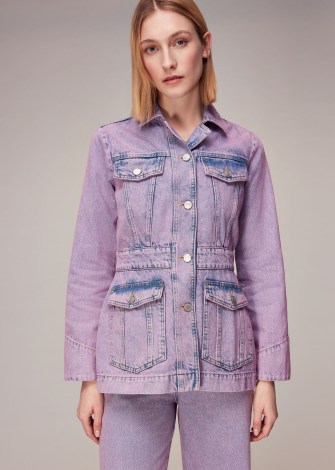 WHISTLES LAURA DENIM 4 POCKET JACKET in Lilac ~ women’s light purple utility jackets ~ pocket detail outerwear ~ casual utilitarian clothes