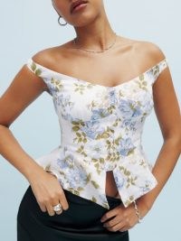Reformation Lilly Linen Top in Romantic Floral Print – bardot peplum hem tops – feminine off the shoulder fashion – sustainable clothing – fabric made from flax