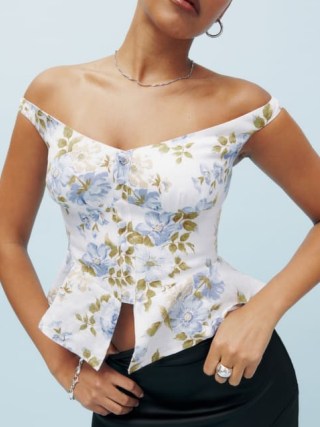 Reformation Lilly Linen Top in Romantic Floral Print – bardot peplum hem tops – feminine off the shoulder fashion – sustainable clothing – fabric made from flax - flipped