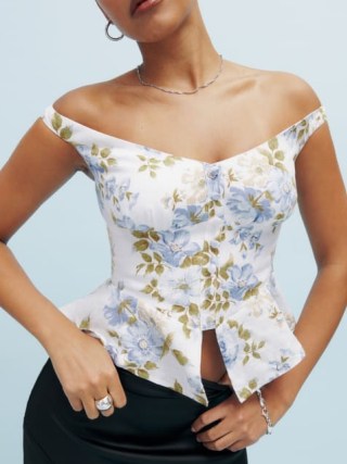 Reformation Lilly Linen Top in Romantic Floral Print – bardot peplum hem tops – feminine off the shoulder fashion – sustainable clothing – fabric made from flax