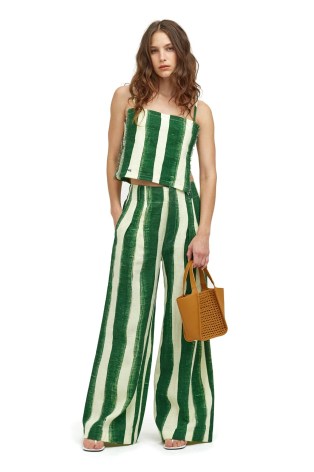 SIMON MILLER LINEN BLOO PANT in Custard Joot Stripe ~ women’s green striped wide leg summer trousers - flipped