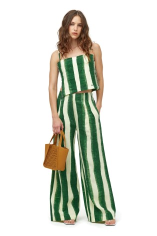 SIMON MILLER LINEN BLOO PANT in Custard Joot Stripe ~ women’s green striped wide leg summer trousers