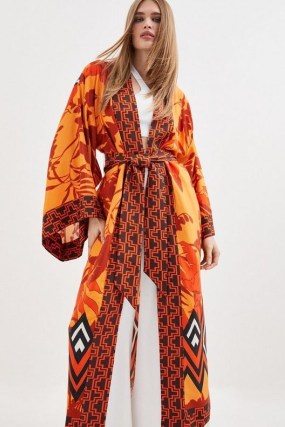 KAREN MILLEN Linen Viscose Placed Boarder Print Maxi Kimono in Orange / long printed tie waist kimonos / wide sleeve robes - flipped