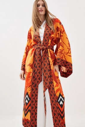 KAREN MILLEN Linen Viscose Placed Boarder Print Maxi Kimono in Orange / long printed tie waist kimonos / wide sleeve robes