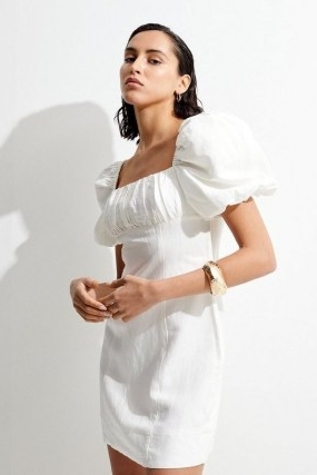 KAREN MILLEN Linen Viscose Puff Sleeve Mini Sundress in Ivory | gathered bust sundresses | ruched summer dresses | puffed sleeved fashion