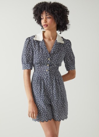 L.K. BENNETT Lita Navy and Cream Sail Boat Print Silk Playsuit – women’s vintage inspired playsuits – luxury retro style clothes