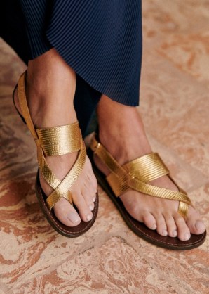 Sezane LOW LOTTIE SANDALS in Embossed gold / women’s strappy metallic flats / womens flat summer shoes - flipped