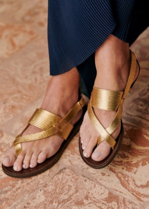 Sezane LOW LOTTIE SANDALS in Embossed gold / women’s strappy metallic flats / womens flat summer shoes