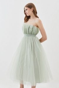 Lydia Millen Corseted Tulle Midi Dress in Sage ~ green strapless sheer net overlay dresses ~ women’s feminine prom style event clothes ~ womens frothy party fashion ~ Karen Millen occasionwear