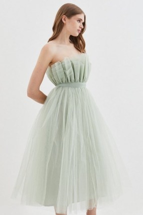 Lydia Millen Corseted Tulle Midi Dress in Sage ~ green strapless sheer net overlay dresses ~ women’s feminine prom style event clothes ~ womens frothy party fashion ~ Karen Millen occasionwear - flipped