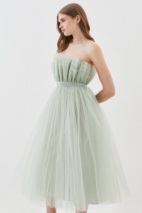Lydia Millen Corseted Tulle Midi Dress in Sage ~ green strapless sheer ...