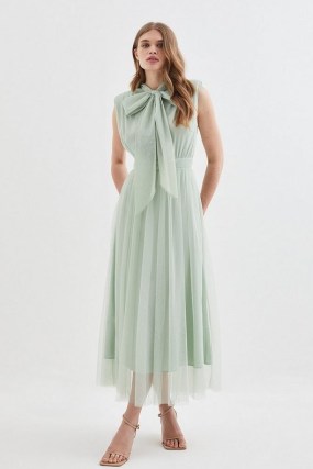 Lydia Millen Mesh Sweeping Pussy Bow Woven Maxi Dress in Sage ~ romantic green vintage style occasion dresses ~ sheer overlay summer event clothing ~ romance inspired fashion ~ Karen Millen clothes - flipped