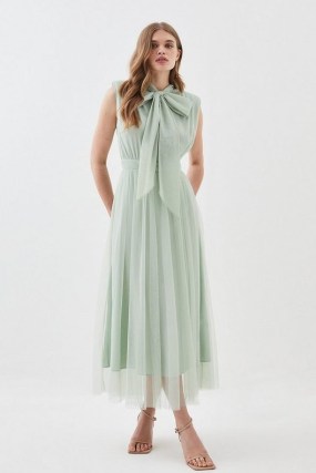 Lydia Millen Mesh Sweeping Pussy Bow Woven Maxi Dress in Sage ~ romantic green vintage style occasion dresses ~ sheer overlay summer event clothing ~ romance inspired fashion ~ Karen Millen clothes