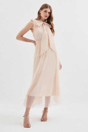 Lydia Millen Mesh Sweeping Pussy Bow Woven Maxi Dress in Rose ~ pale pink sleeveless semi sheer dresses ~ flowing semi sheer clothing - flipped