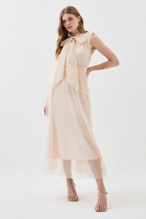 Lydia Millen Mesh Sweeping Pussy Bow Woven Maxi Dress in Rose ~ pale pink sleeveless semi sheer dresses ~ flowing semi sheer clothing